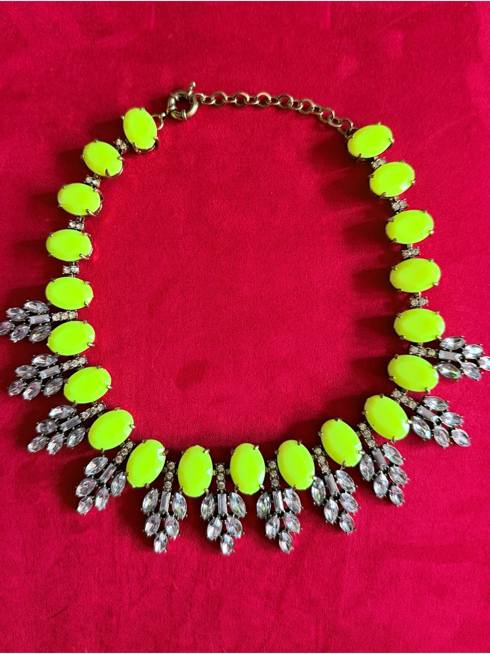 Neon Lime Green Gem Bib Necklace with Clear Crystals